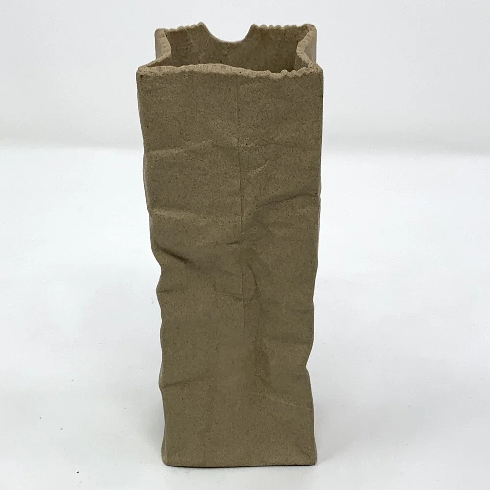 Unique Brown Paper Bag Narrow Ceramic Bud Vase Crinkle Pop Art Shabby Chic
